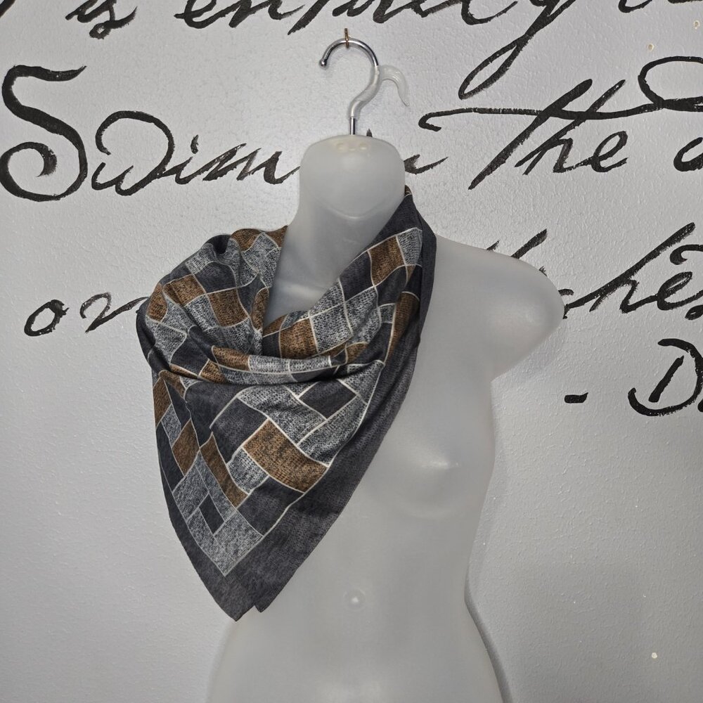 Vintage Gray, Blue & Brown Polyester Large Square Neck Scarf with Square Design